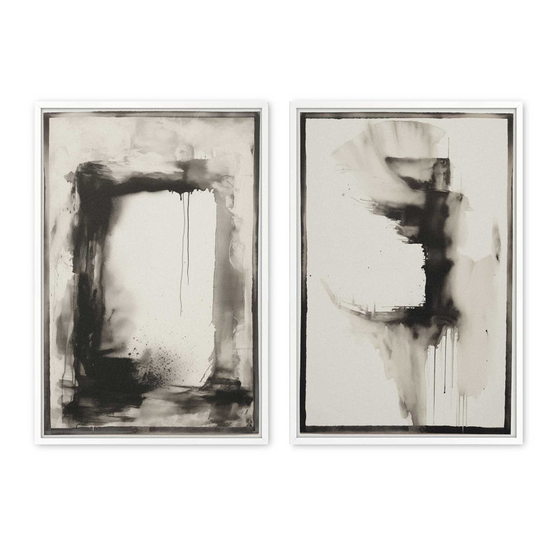 Ensemble de 2 estampes obsidiennes encadrées dans un cadre noir, 14 po x 11 po, Blanc opaque, H 25 po x l 38 po