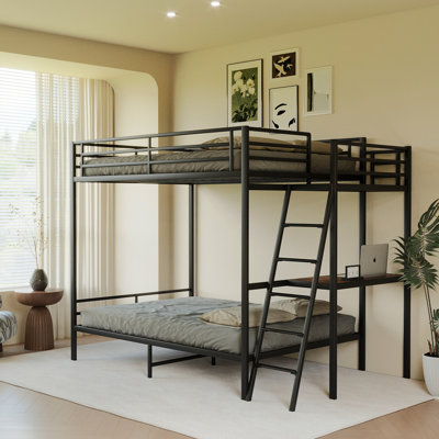 Black Full Size Bunk Bed With LED Light And Charging Socket