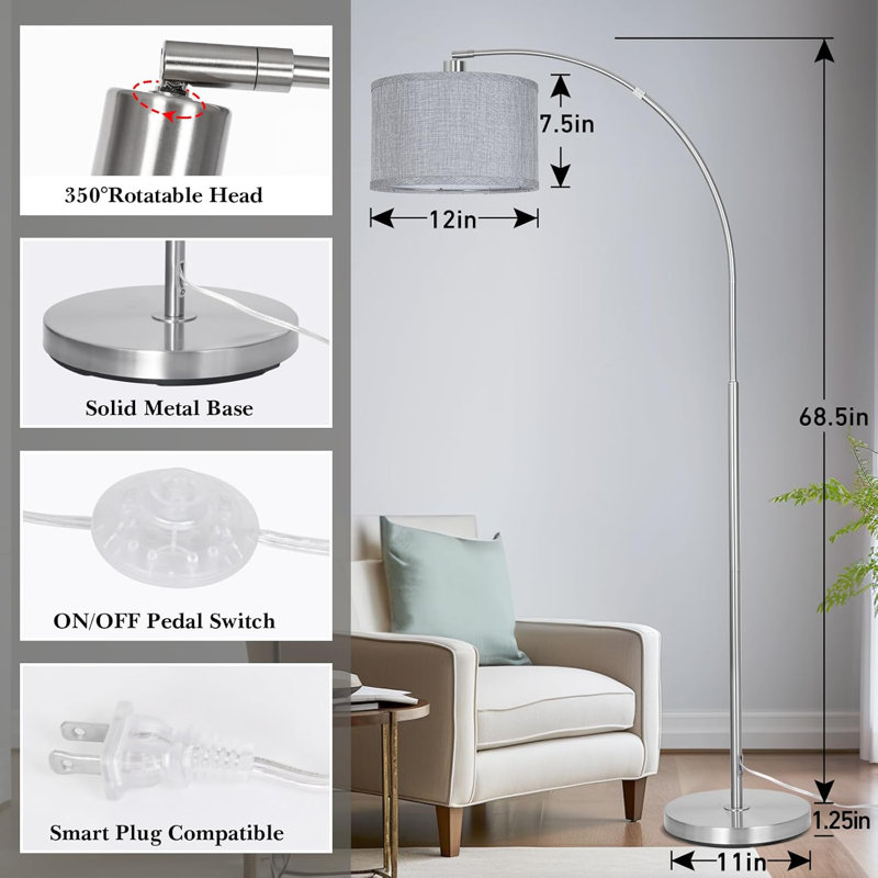 Lampe sur pied moderne à arc argenté, grand lampadaire avec tête réglable et interrupteur à pédale, ampoule DEL 8 W incluse