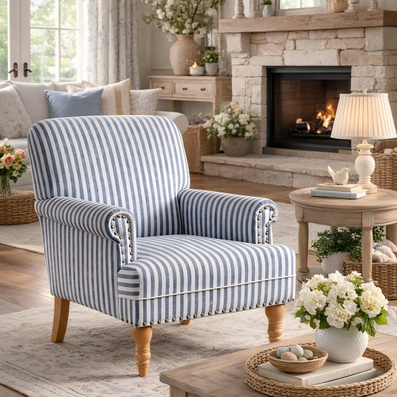 Striped Upholstered Wooden Chair with Rolled Arm, Dark Blue