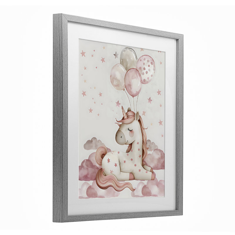 Licorne rose avec ballons, reproduction sous verre, design par LSR Design Studio, H 21 po x l 17 po, Cadre de ferme gris