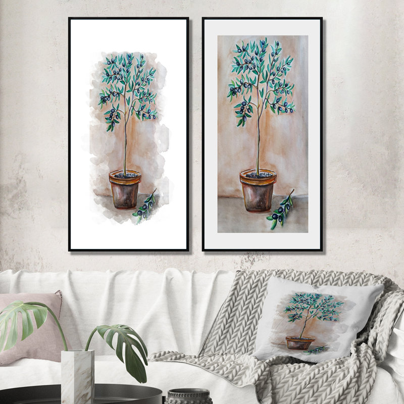 Green Olive Tree Pot - Ensemble de 2 peintures sur toiles, H 32 po x l 32 po x P 1 po, Cadre flottant noir