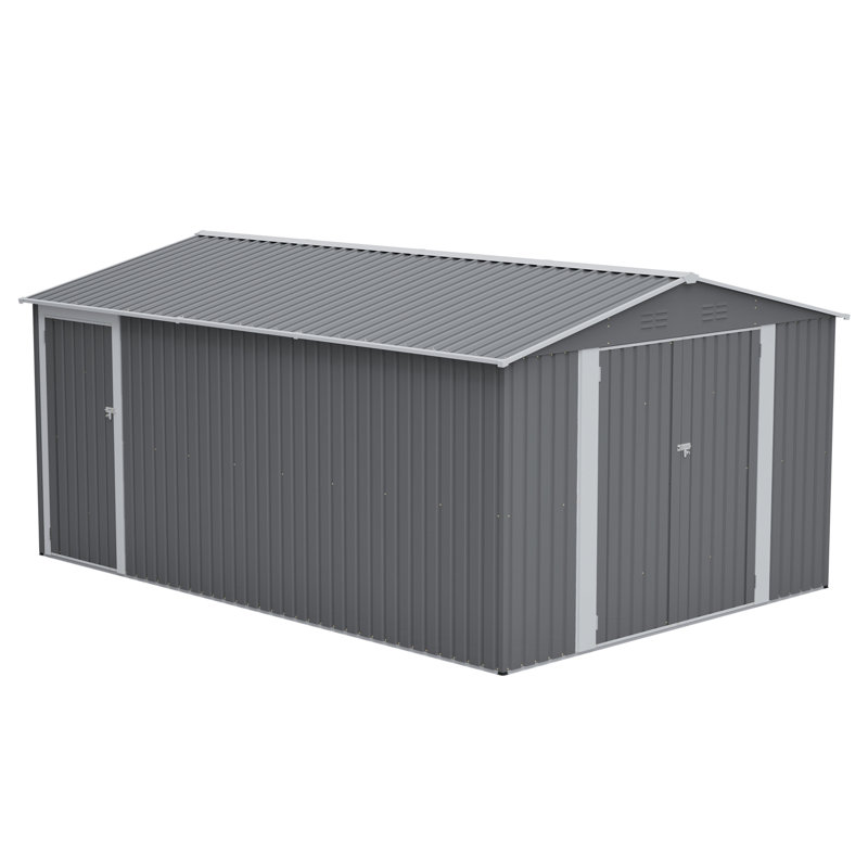 Remise à outils de jardin en métal 10 x 14 pi, rangement avec portes verrouillables, bâtiment de jardin imperméable pour patio, gris, bâtiment pour animaux de compagnie, remise à charnière dans la cour arrière, circulation d'air à quatre évents