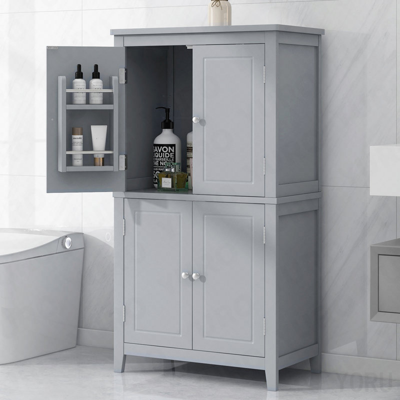 Armoire de rangement élégante pour salle de bain, unité de rangement pour salle de bain, armoire autoportante avec 4 portes, tablettes réglables, tablettes adaptables