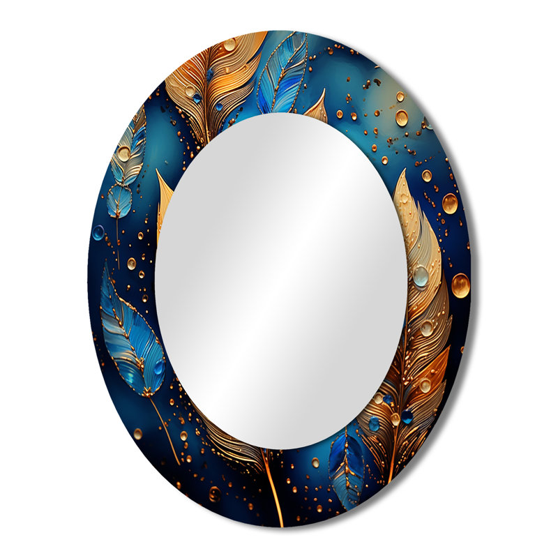 Boho Glam Gold Feathres On Cosmic Blue - Blue Bohemian Oval Wall Mirror, 43" x 33"