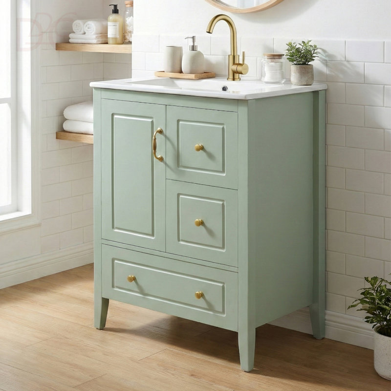 Meuble-lavabo 24 po avec lavabo, une armoire avec porte à fermeture douce, 3 tiroirs à fermeture douce, poignées en métal rétro