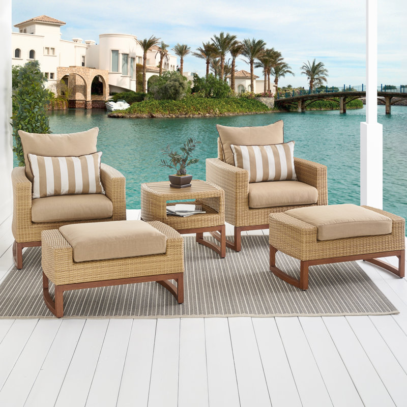 Ensemble de conversation en rotin 5 pièces avec coussins Sunbrella® Tullio, Toile Sunbrella® beige chiné