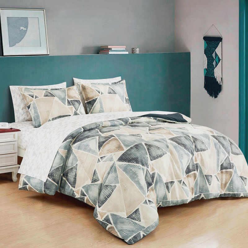 Reversible Beige Gray And Navy Geometric Microfiber Bedding Set,Full, Full Comforter + 7 Additional Pieces