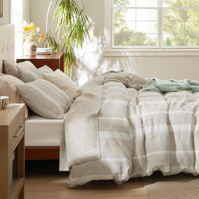 Ensemble de literie 100% coton bohème à housse de couette à motif de gaufres - ensemble de 3, Bande de lin