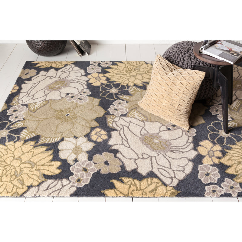 Tapis bleu marine, beige, jaune, olive et crème fait à la main Fort Collins, 5 pi x 7 pi