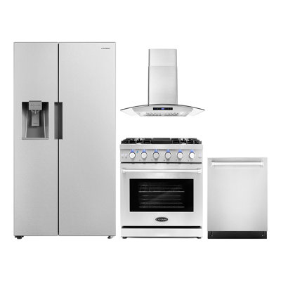 Cosmo 4 Piece Kitchen Appliance Package with Side By Side Refrigerator 35.5'' Dual Fuel Freestanding Built-In Wall Mount Range Hood