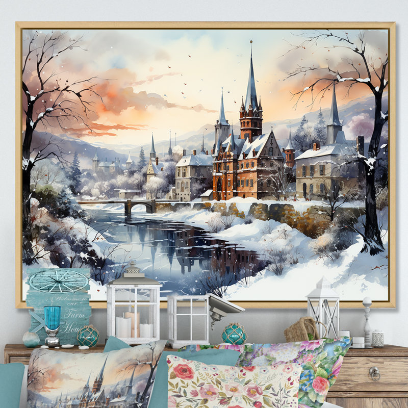 «Wonderful Castle Winter At Christmas - Winter Landscape», art mural, Cadre flottant brun, H 24 po x l 32 po x P 1 po