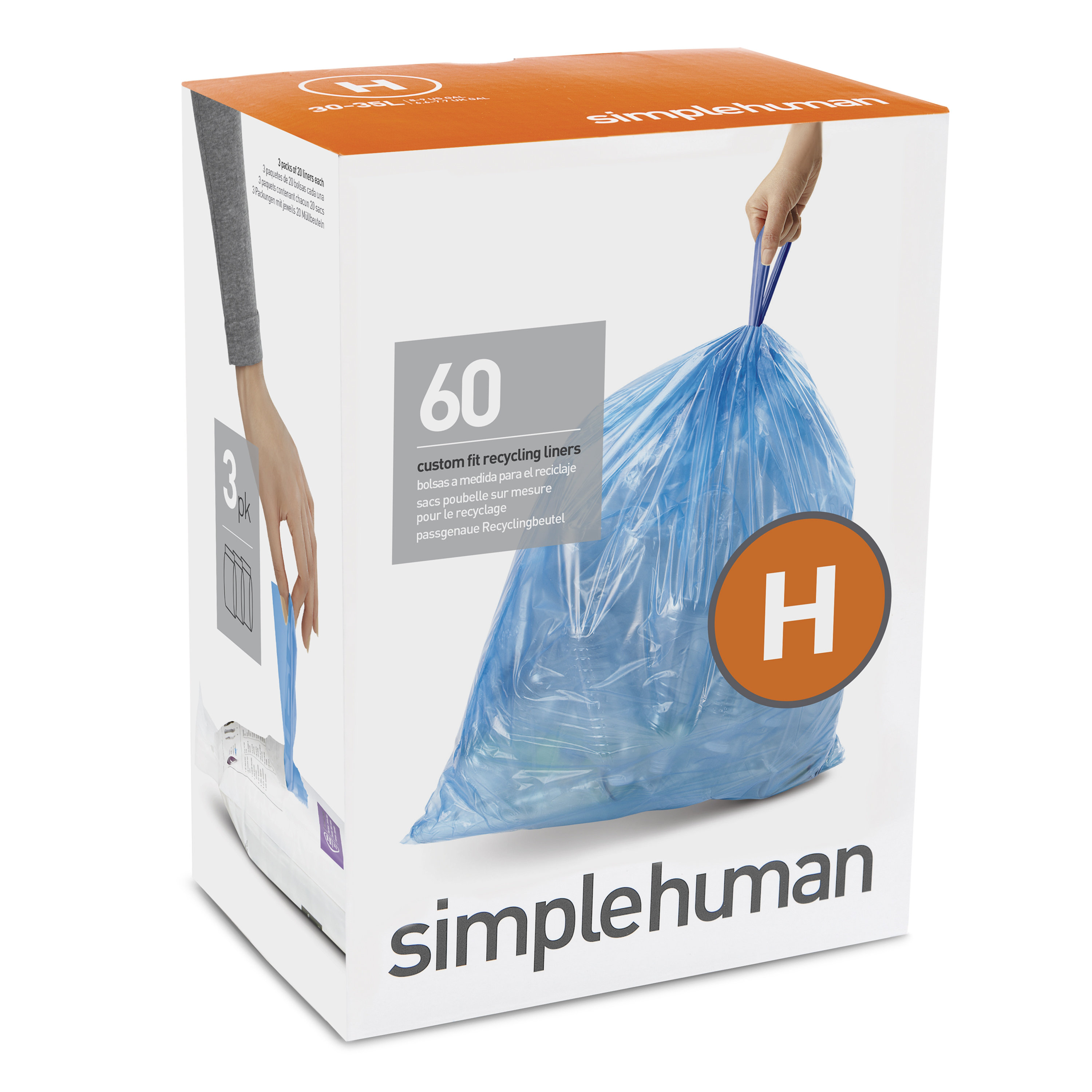 simplehuman Code H Custom Fit Liners, Drawstring Trash Bags, 30-35 Liter, 3  Refill Packs (60 Count)