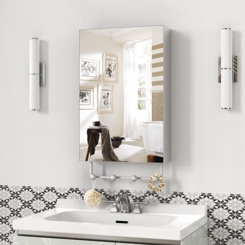 Miroir de salle de bain mural 16 po x 24 po argenté avec rangement, compartiments de grande capacité, armoire à pharmacie en aluminium résistant aux usures et à la corrosion, tablettes réglables, charnières silencieuses, facile