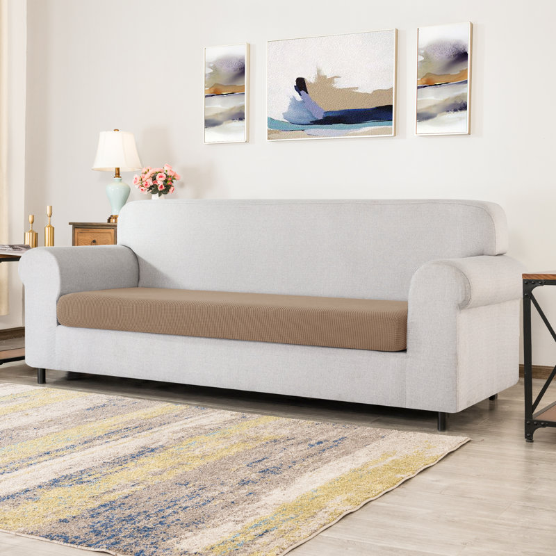 Stretch Textured Grid Box Cushion Sofa Slipcover, Camel