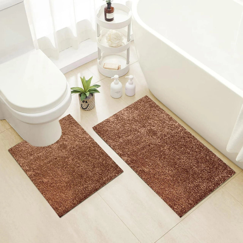 2 Piece Alya Small Bath Mat Ultra Soft Bathroom Rug Anti Slip Toilet Rug Pedestal Mat Set, Beige, 80cm L x 50cm W