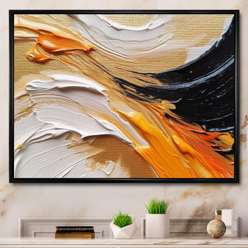 «Orange» et «Mystic Spirals» orange et noir, Cadre flottant noir, H 16 po x l 32 po x P 1 po