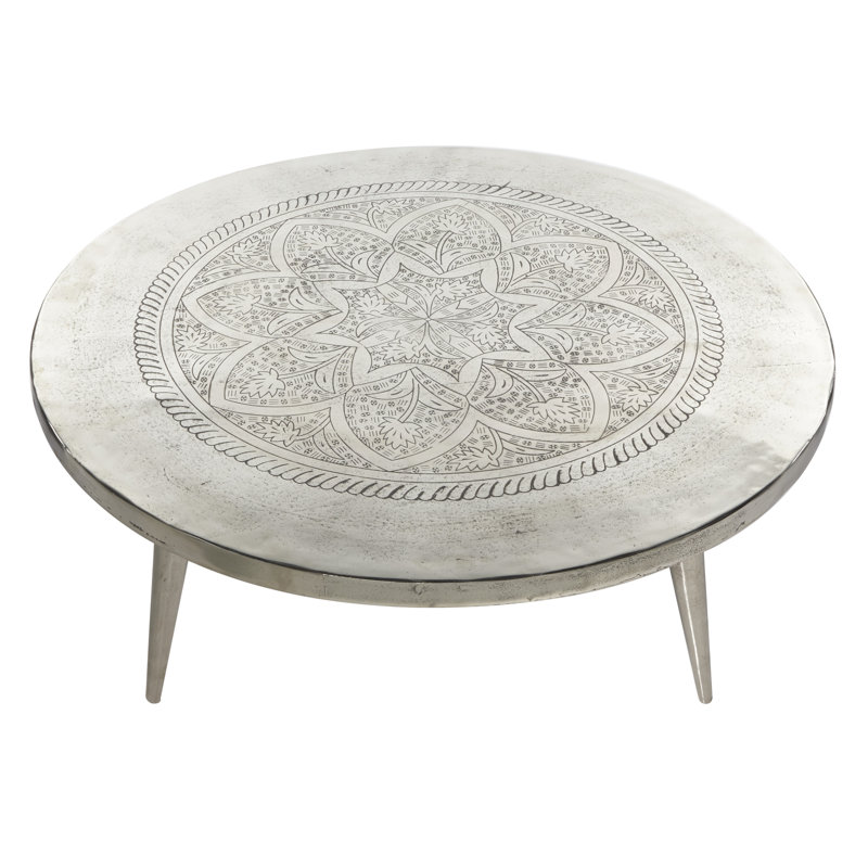 Silver Aluminum Floral Coffee Table with Etched Design