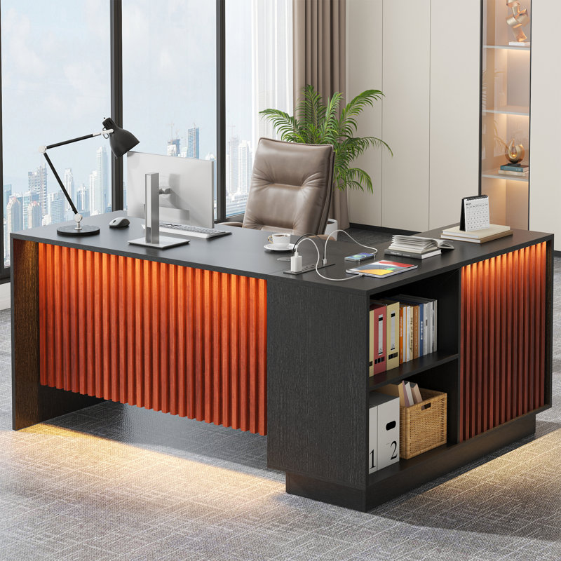 Bureau de direction en L, bureau de bureau personnel avec rangement, tiroirs, classeur et panneau d'intimité, grand bureau d'angle moderne avec station de charge et lumières à DEL, bureau de direction debout (noir)
