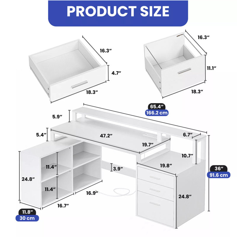 L-Shaped Computer Desk with Built-In Electrical Outlet, White
