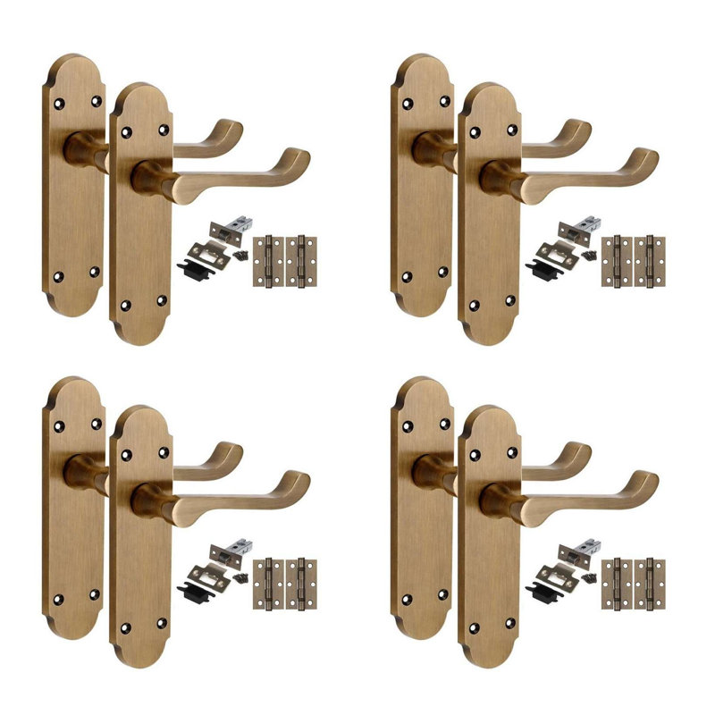 Golden Grace 4 Pairs Victorian Epsom Design Scroll Interior Door Handle on Backplate Antique Brass with 2.5" Latch & Hinges - 168mm x 40mm