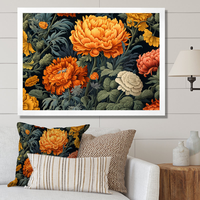 «Orange Green Marigold Brilliance I», reproduction sur toile, H 12 po x l 20 po x P 1 po, Cadre photo blanc