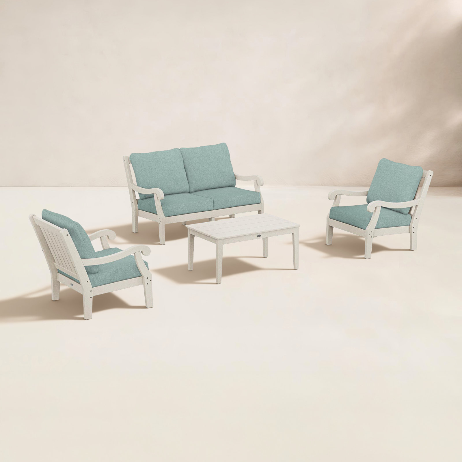 POLYWOOD® Verlyn 4-Person Patio Seating Group, Glacier Spa Cushion/Sand Frame