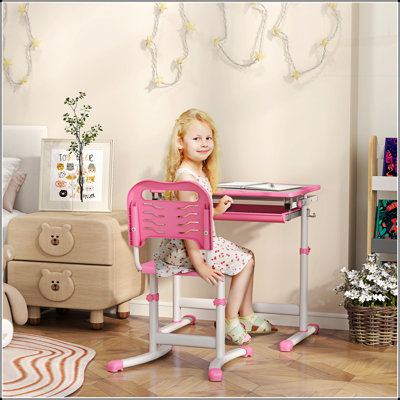 Ensemble de bureau et de chaises pour enfants Qaba, hauteur réglable avec bureau inclinable, rangement, fente pour stylo, crochet, conception ergonomique pour enfants