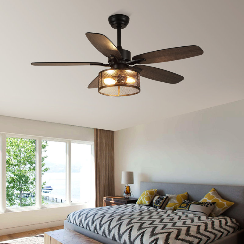 Farmhouse Ceiling Fan With Light And Remote, Industrial Caged Flush Mount Ceiling Fans For Bedroom (Bulbs not Included), 48"