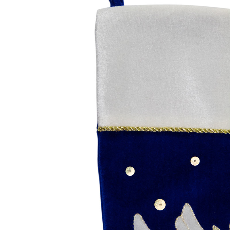 Chaussette de Noël 20,5 po en velours bleu royal et blanc avec branche d'olivier