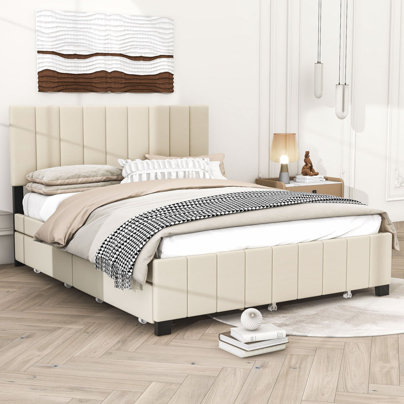 Lit avec rangement en tissu d'ameublement Makeyla, Beige