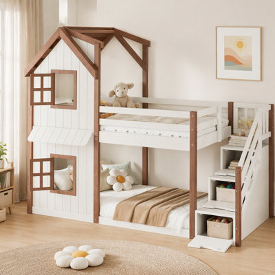 Twin over Twin House Bunk Bed with Storage Stairs, Kids Playhouse Bunk Bed with Roof and Windows, Solid Wood Bed Frame with multifunctional Lower Space, Beige & Natural