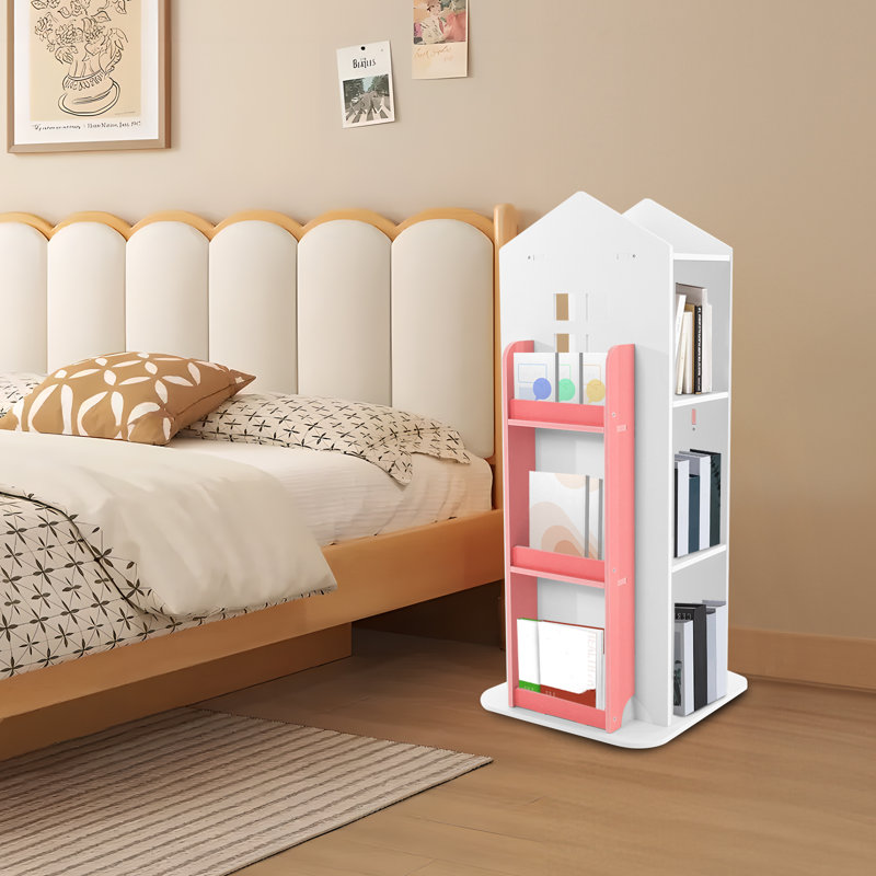 360° Rotating Bookshelf, 3 Tiers Corner Shelf, For Bedroom, Living Room, White/Pink
