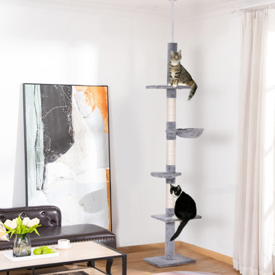 Vertical Cat Floor-Ceiling . Adjustable Height, 5 Platforms, 3 Rope Scratching Areas, Robust Particleboard, Cozy 220Gsm Cushion, Your Furniture Plaything And