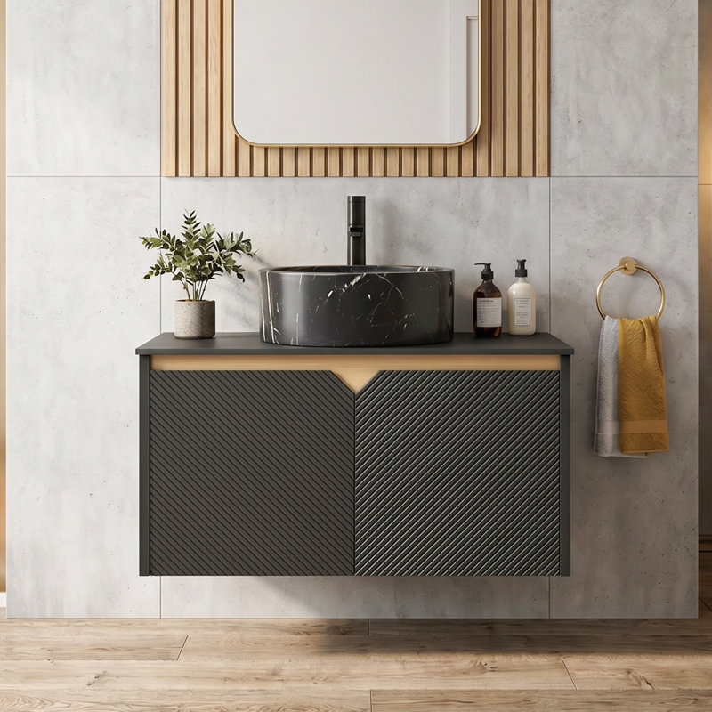 Meuble-lavabo mural 30 po en contreplaqué avec lavabo en céramique, portes doubles en sergé et armoire de rangement noir, 30"