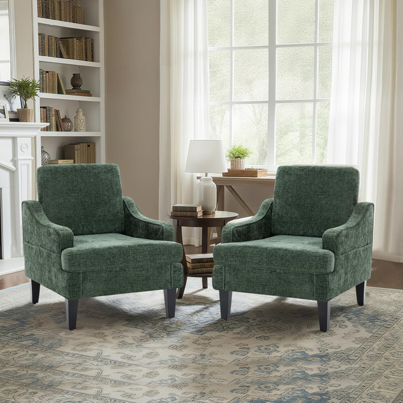 Modern Accent Chairs Set Of 2 Upholstered Reading Chair For Bedroom With Side Pockets Comfy Living Room Chairs Living Room Armchair For Office, Apartment (Green Chenille)