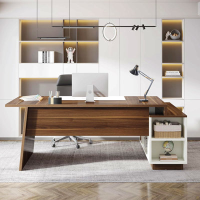 Bureau de direction en L 70,5 po avec armoire de rangement et tablettes, grand poste de travail d'ordinateur moderne Mid-Century pour bureau à domicile, noyer et blanc