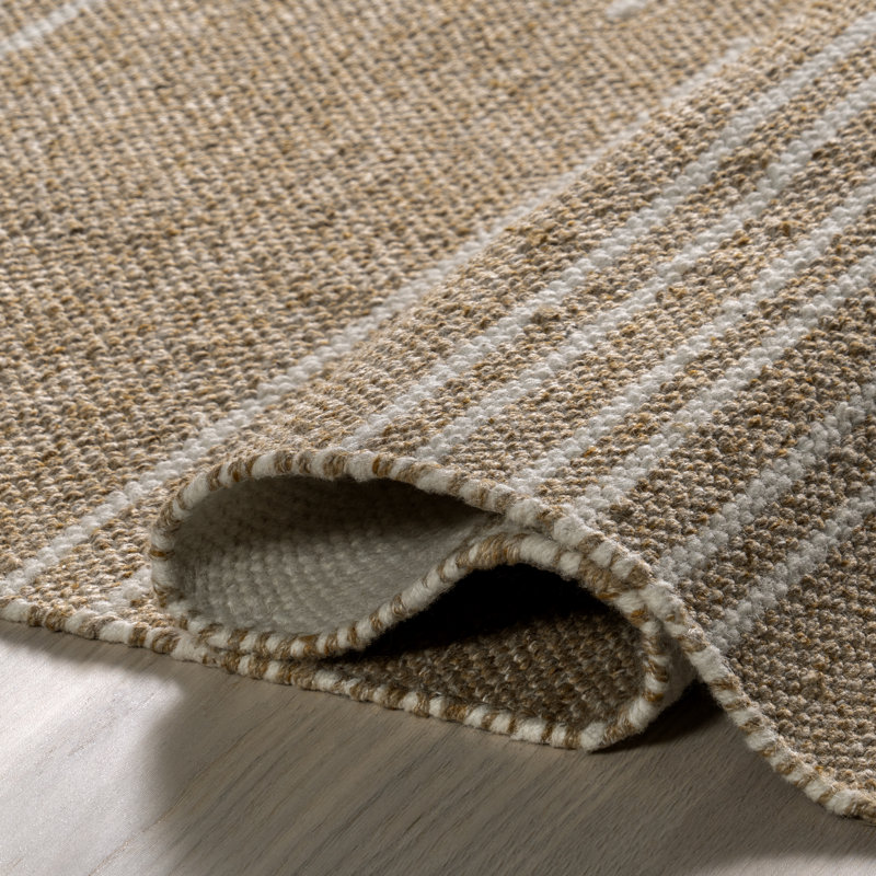 Sand and Off-White Wool Reversible Striped Rectangular Rug, 6' x 9'