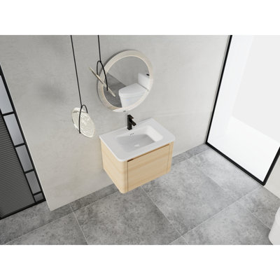 Meuble-lavabo mural 24 po avec lavabo en céramique blanche et porte à fermeture douce, emballage KD, contreplaqué, chêne blanc américain