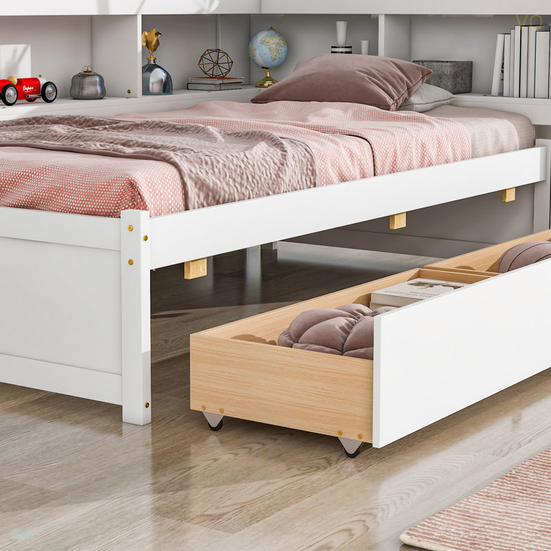 Bed With L-Shaped Bookcases,Drawers