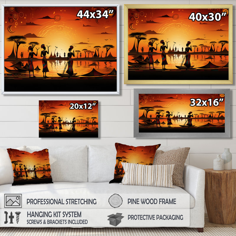 Femme traditionnelle par le Nil - Art mural africain, Toile avec cadre flottant noir, H 34 po x l 44 po x P 1,5 po