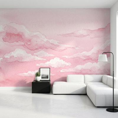 Papier peint rose avec nuages et aquarelle