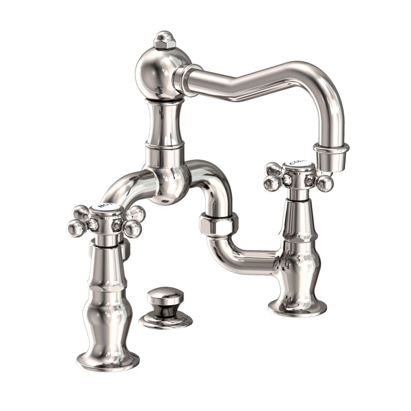 Chesterfield Bathroom Bridge Faucet with Drain Assembly, Polished Nickel