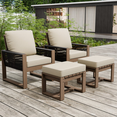 4-Piece Patio Conversation Furniture Set Cedar Wood Frame Brown Wicker with Cushion, Ottomans