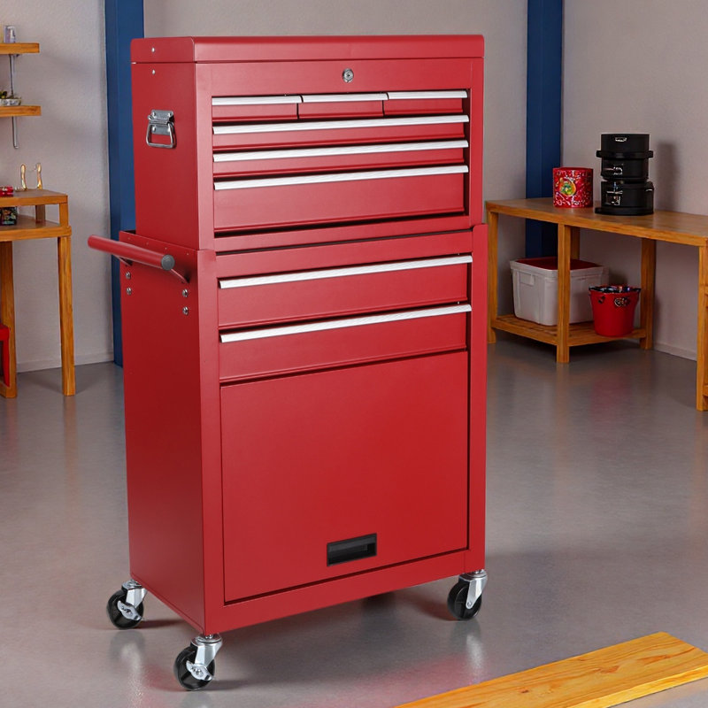 Coffre à outils, armoire de rangement à outils à 8 tiroirs avec coffre à outils amovible 2 en 1, doublure, roues verrouillables, crochets latéraux, chariot à outils en métal pour le garage