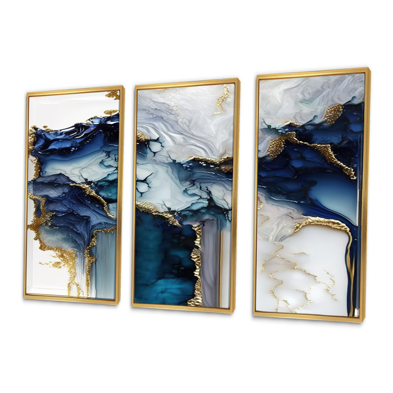 Géode abstraite, marbre blanc et bleu I - 3 pièces, H 32 po x l 48 po x P 1 po, Cadre flottant doré