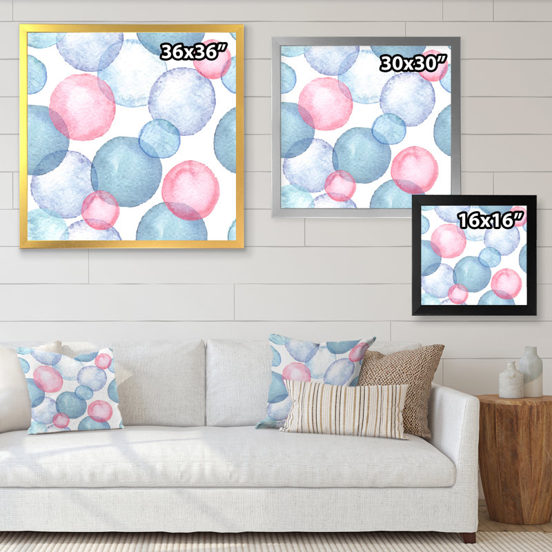 «Blue and Pink Bubbles», art mural sur toile imprimé géométrique, H 30 po x l 30 po, Toile avec cadre photo argenté