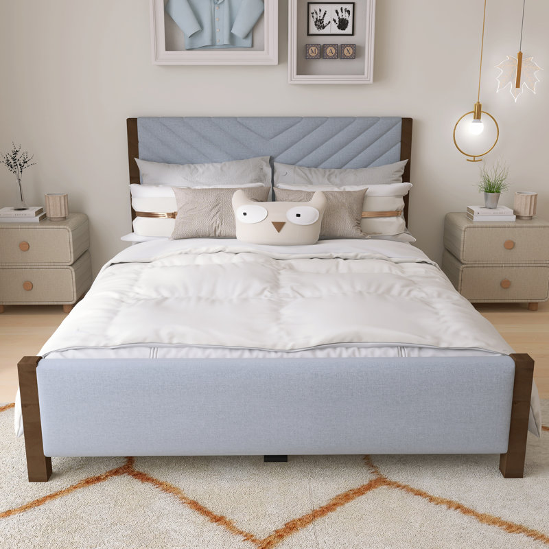 Base de lit tapissier moderne avec tête de lit capitonnée et pieds en bois massif de style moderne Mid-Century, Gris