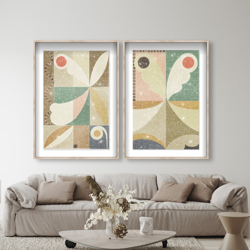 Butterfly Deco Set Shadowbox Abstract Print by Oliver Gal, Black Frame, 10 x 15, 93"H x 63"W, Natural Oak Shadowbox