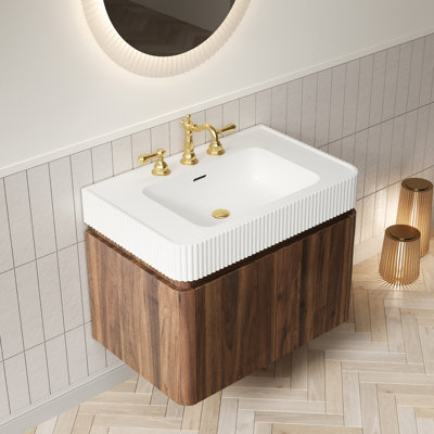 Meuble-lavabo de salle de bain GECO 30, armoire de rangement flottante, lavabo intégré à surface solide blanche avec 3 trous de robinet pré-percés, démonté, robinet et drain exclus, couleur grain de bois noyer